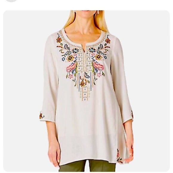 J.Jill tunic top white embroidered floral details Henley neck half M - Picture 1 of 11